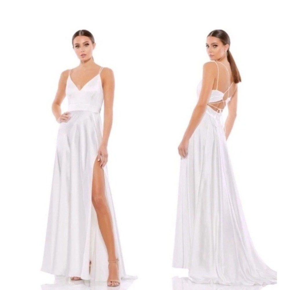 Ieena Mac‎ Duggal White Satin Open Back Leg Slit Dress 55278 Wedding Reception 4